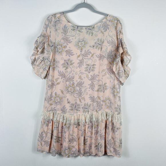 Ann Taylor LOFT Size Small Floral Ruffled Lace Flutter Sleeve Mini Dress Pink - Picture 2 of 7